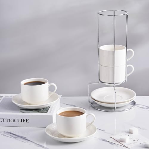 8 Ounce Stackable Cappuccino Cups with Saucers and Metal Stand (4 Count)