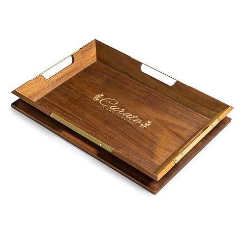 Curate Small Acacia Wood Serving Tray with Handles for Coffee Table
