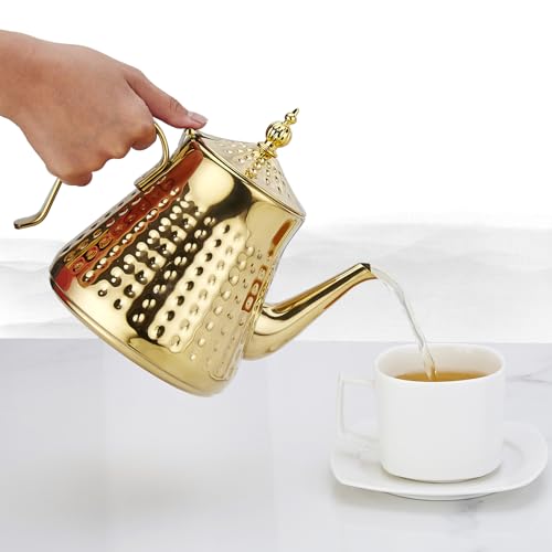 1.2L(40oz) Stainless Steel Hammer Patterned Teapot With Removeable Infuser,Loose leaf cover,Gold