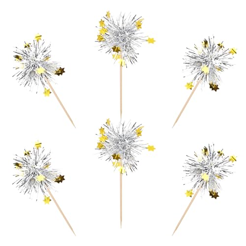 30 PCS Foil Firework Cupcake Toppers Happy Birthday Star Cupcake Picks Sparkle Tinsel Drink Stirrers Cocktail Fruit Toothpicks for Valentine's Day Wedding Birthday Party Decorations Supplies Silver (30 Count)