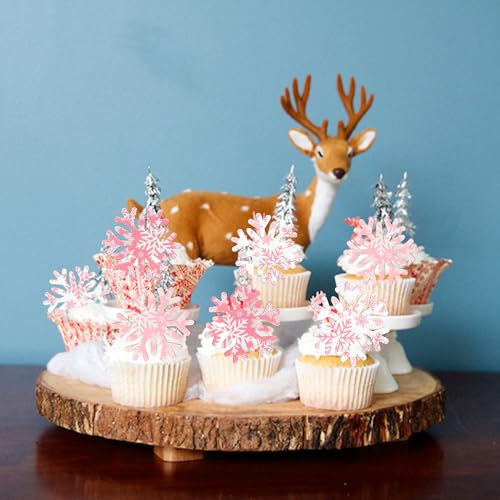 50Pcs Edible Snowflake Cupcake Cake Toppers Wafer Paper Snowflake Cake Decorations for Christmas Winter Frozen Theme Party Supply Decoration Multi Pink (60 Count)
