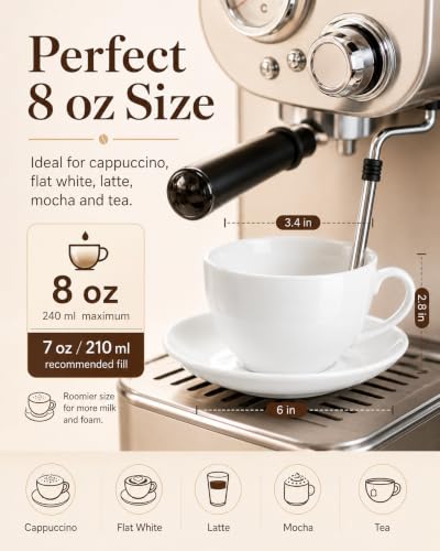 8 oz Porcelain Cappuccino Cups with Saucers and Metal Stand (4 Count)