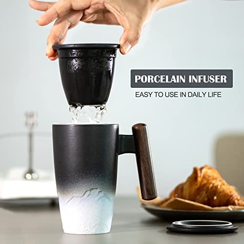 Tomotime Ceramic Tea Cup with Infuser and Lid Tea Mugs Wooden Handle 400ml