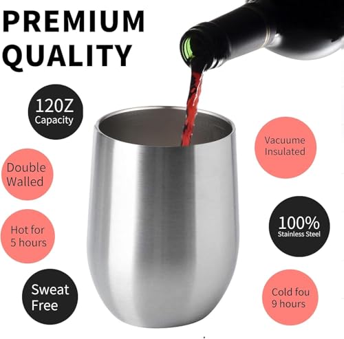 12oz 4 Pack Wine Tumbler Glasses with Lid Stemless Double Wall Vacuum Stainless Steel Travel Tumbler Keeping Cold & Hot for Wine (6 Count)