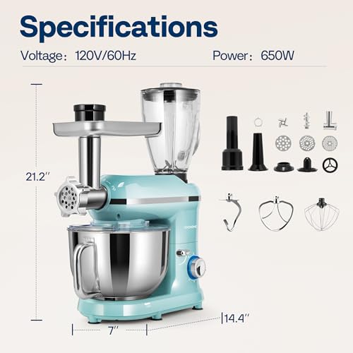 3-in-1 Stand Mixer, 6-Quart Tilt-Head Mixer, 10 Speeds, Blue