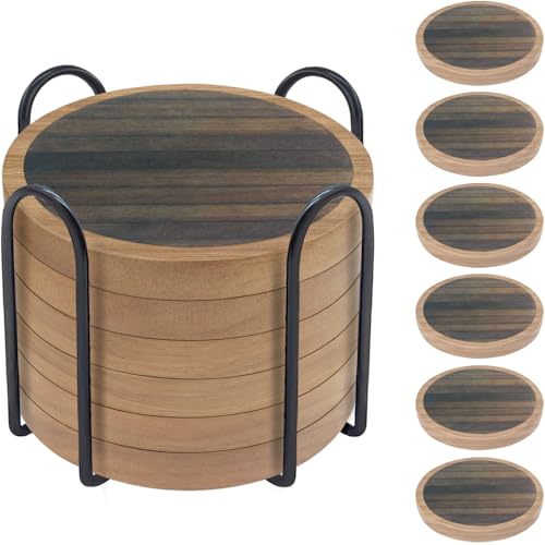 6 Pack Absorbent Coasters Set with Holder Wood Coasters for Drinks Housewarming Gifts for Home Decoration Cup Coasters for Coffee Tabletop Protection 4.3 Inch