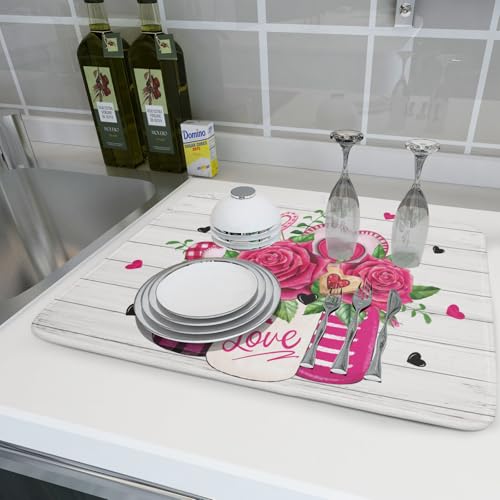 Valentine's Day Rose Flower Dish Drying Mat for Kitchen Counter