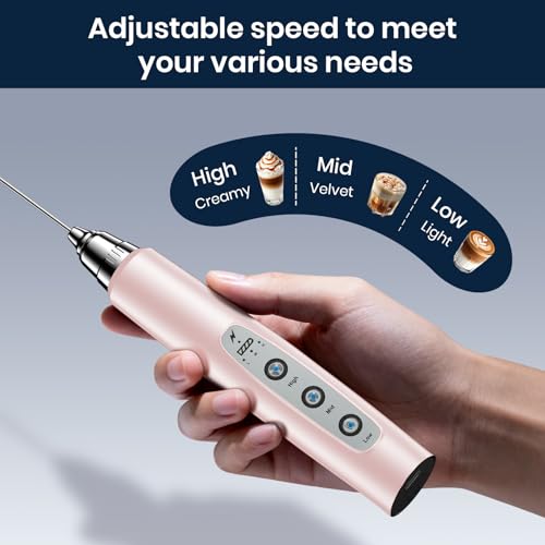 Milk Frother Wand Rechargeable Handheld Electric Whisk 3 Speed Adjustable