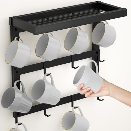 Coffee Mug Rack Wall Mounted with 12 Hooks and Shelf Cup Storage Holder