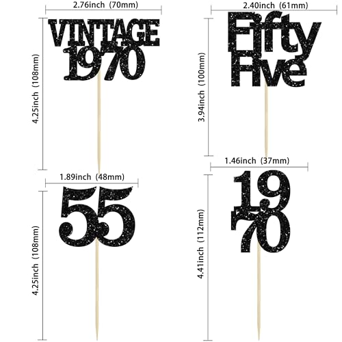 24Pcs Vintage 1970 Cupcake Toppers Glitter Cheers to 55 Fabulous Fifty Five Cupcake Picks 55th Birthday Wedding Anniversary Party Cake Decorations Supplies Black (24 Count)