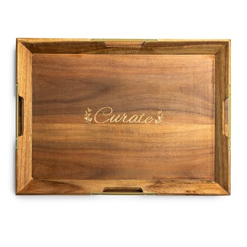 Curate Medium Acacia Wood Serving Tray with Handles for Coffee Table