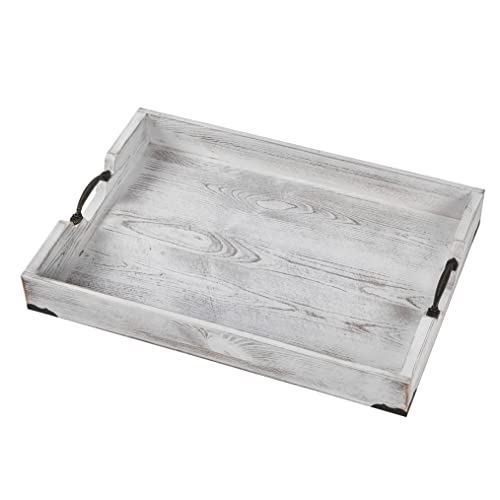 Large Wood Rectangular Serving Tray 20 x 14 Inch Rustic Wooden Ottoman Tray with Metal Handle and Wrapped Corners
