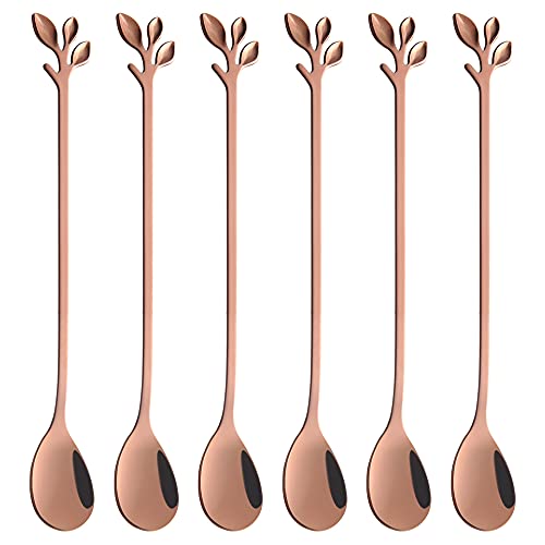 6 Piece Elegant Rose Gold Leaf Long Handle Teaspoons (6 Count)