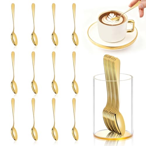 12 Pcs Gold Coffee Spoons with Holder 4.92 Inch Demitasse Espresso Spoons Mini Coffee Spoons Gold Tiny Dessert Spoons Small Tea Spoon Stainless Steel Acrylic Cylinder Holder for Party Coffee Bar Home (12 Count)