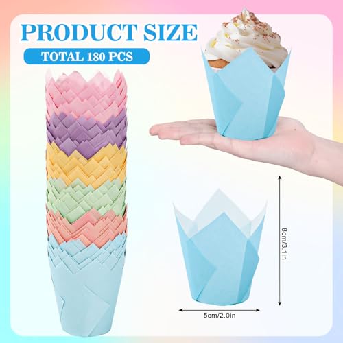 180Pcs Pastel Tulip Cupcake Liners Colorful Muffin Baking Cups Pink Blue Purple Yellow Orange Green Cupcake Wrappers for Spring Easter Holiday Party Supplies (180 Count)
