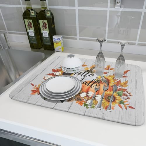 Hello Fall Sunflowers Dish Drying Mat for Kitchen Counter