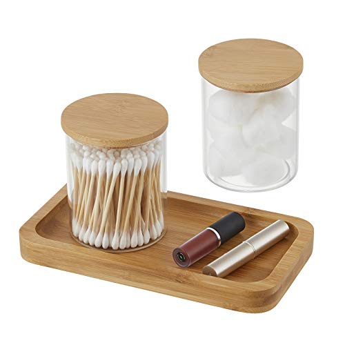 2 Pack Glass Qtip Holder Dispenser with Bamboo Vanity Tray