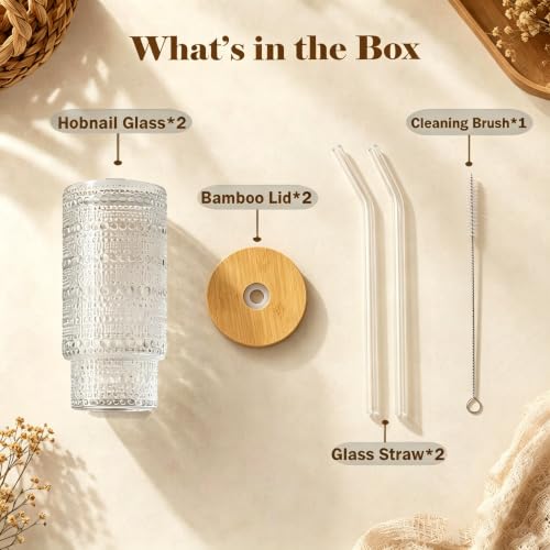 16 oz Hobnail Glass Cups with Lids and Straws Drinking Glasses of 2 (2 Count)