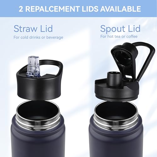 Insulated Water Bottle 22 oz Double Wall Stainless Steel Water Bottle Wide Mouth with Straw Lid & Spout Lid Keeps Cold or Hot