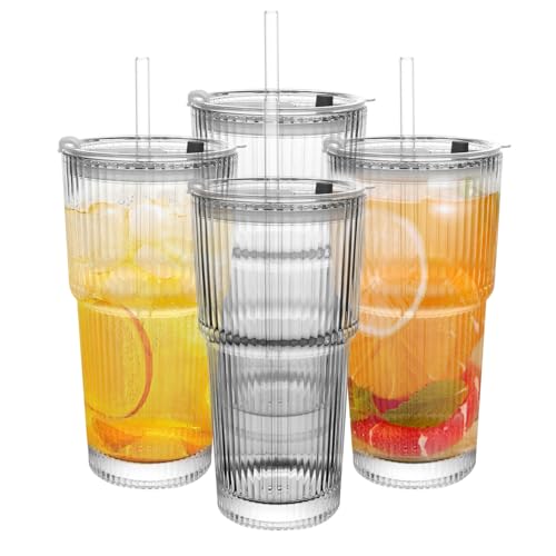 20oz Ribbed Drinking Glasses with Lids and Glass Straws