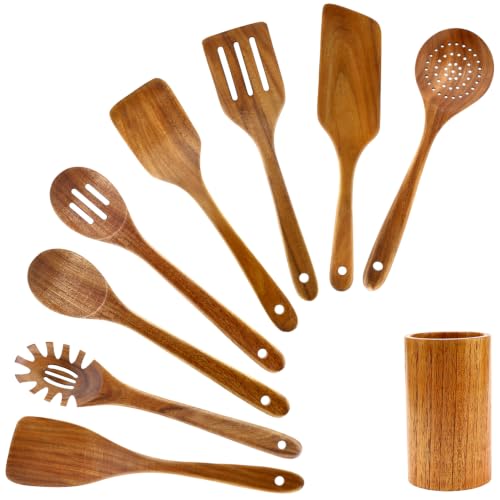 9 Pack Wooden Spoons Non Toxic Cooking Utensil Set with Utensils Holder (9 Count)