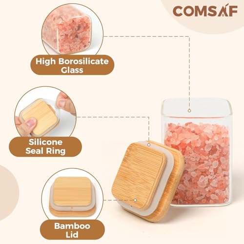 Glass Spice Jars with Labels 6 oz 6 Pack Small Square Bamboo Lids (6 Count)