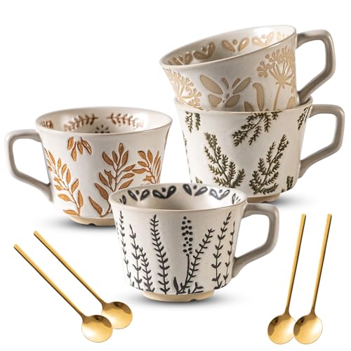 Ceramic Mugs 11 oz Unique Luxurious Cups Set of 4 with Premium Spoon (4 Count)