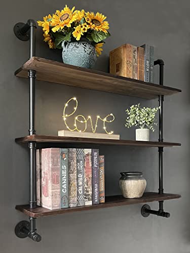 Industrial Pipe Wall Shelves Pipe Shelving with Real Wood Plank 36 Inches