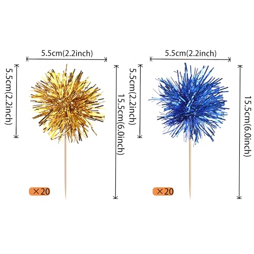 40 PCS Foil Firework Cupcake Toppers Sparkle Tinsel Cupcake Picks Fireworks Birthday Party Decorations Cocktail Fruit Toothpick for Birthday Wedding Graduation Party Decorations Supplies Gold Blue (40 Count)