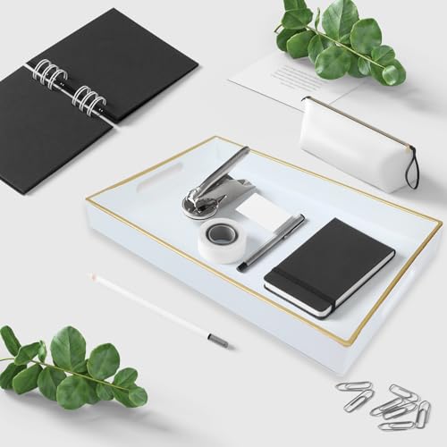 White Bathroom Vanity Tray with Handles for Dresser Tops