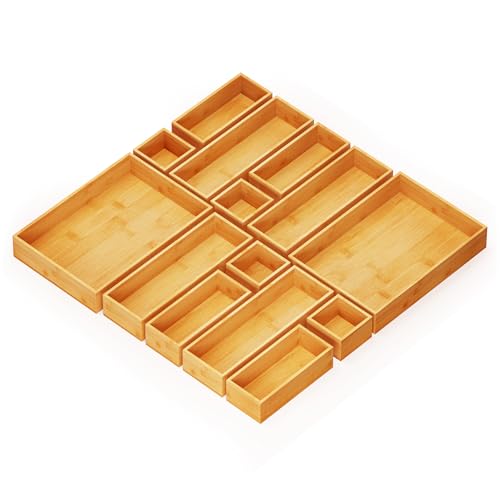 14 Piece Bamboo Drawer Organizer Storage Boxes Set