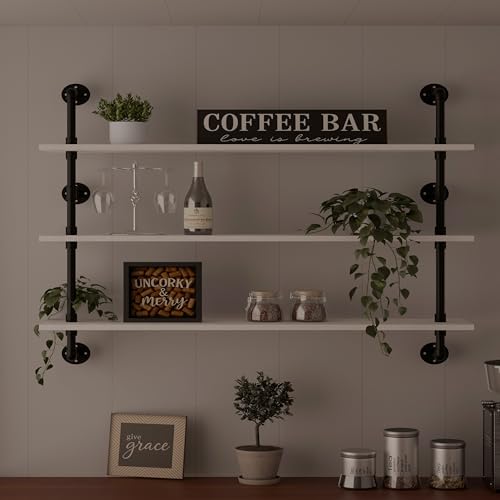 Industrial Pipe Shelving Rustic White Pipe Wall Shelves Industrial Shelves with Wood Planks Floating Shelves 48 Inch Farmhouse Bathroom (3 Count)