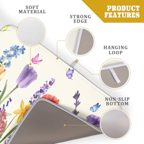 Spring Summer Floral Dish Drying Mat for Kitchen Counter 18x24 Inch Spring Flowers Dish Drainer Rack Mats Absorbent Kitchen Drying Mat Botanical Floral Drainer Rack Mats for Kitchen Countertop Decor