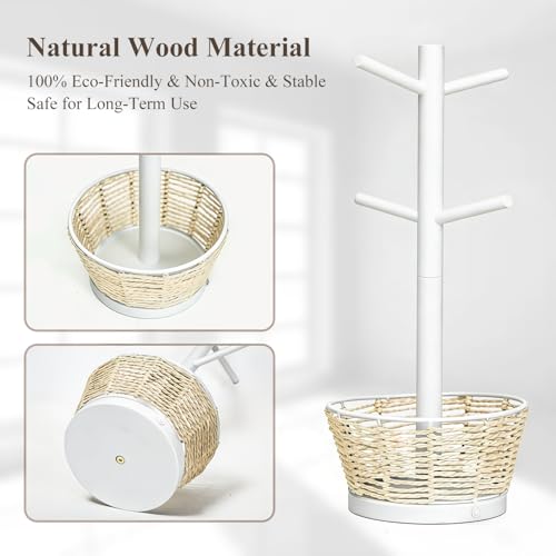 Wood Mug Holder Tree with Woven Basket