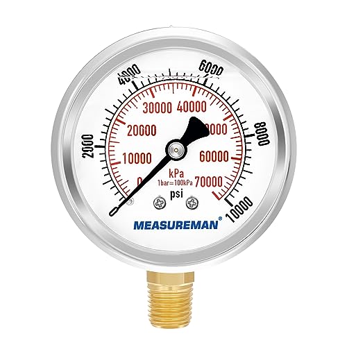 2-1/2" Dial Size, Glycerin Filled Pressure Gauge, 0-10000psi/kpa, 304 Stainless Steel Case, 1/4" NPT Lower Mount