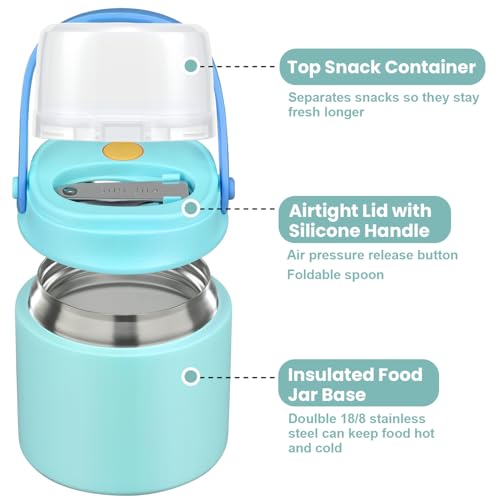 2-in-1 Insulated Food Jar with a Snack Container - 15oz Kids Soup Thermos for Hot Food with Handle and Spoon, Leak Proof Bento Lunch Box Kids, Perfect for School & Travel