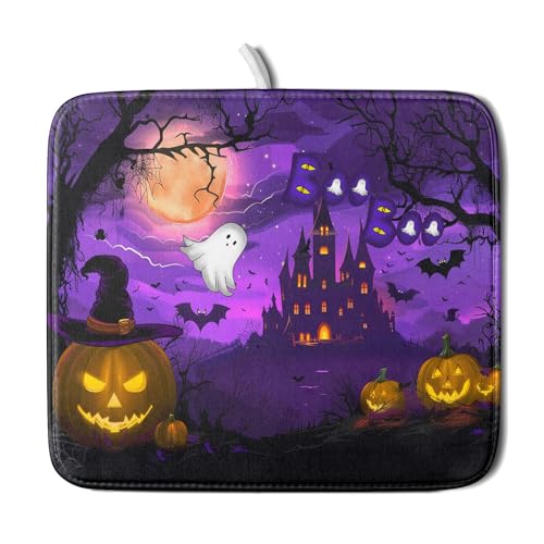 Halloween Scary Night Pumpkin Lanterns Dish Drying Mat for Kitchen Counter