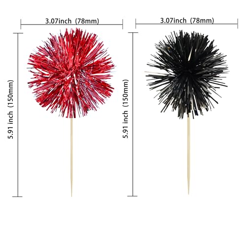 30Pcs Foil Firework Cupcake Toppers Party Birthday Cake Toppers Supplies Sparkle Tinsel Cocktail Fruit Toothpick for Birthday Wedding Graduation Party Supplies Black Red (30 Count)