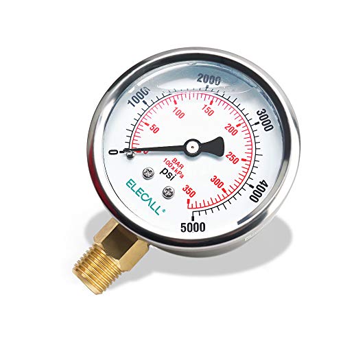 2-1/2" Glycerin Liquid Filled Air Pressure Gauge, 0-5000Psi, 1/4" NPT Lower Mount, Stainless Steel Case, Brass Internals, Water Pressure Gauge