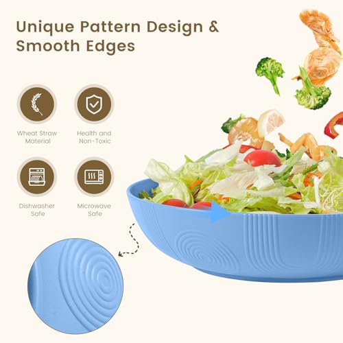 Wheat Straw Big Bowls Salad Bowl Set of 6 10 inch Serving Bowls 65 oz Large Plastic Plates Bowls Wide and Shallow Bowl for Kitchen Microwave & Dishwasher Safe