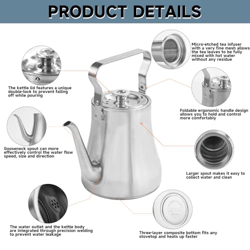 68OZ 2000ML Stainless Steel Teapot with Removable Infuser