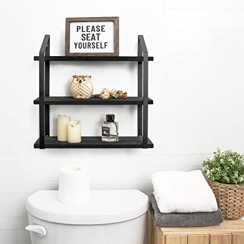 Floating Wall Shelves 3 Tier Rustic Hanging Shelf with Metal Bracket Wall Mount Wood Storage Display Shelves for Living Room Bathroom Bedroom Kitchen Office