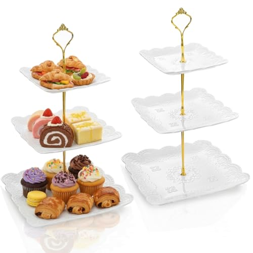 2 Pack 3 Tier White Ceramic Embossed Dessert Cake Tower Stand with Gold Carry Handle (2 Count)