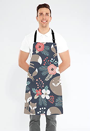 Cute Fox Family and Flowers Bib Apron with Adjustable Neck for Men Women