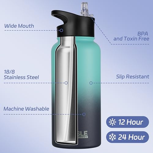 32 oz Insulated Water Bottle Stainless Steel Double Walled Vacuum Sports Water Bottle with 2 Lids