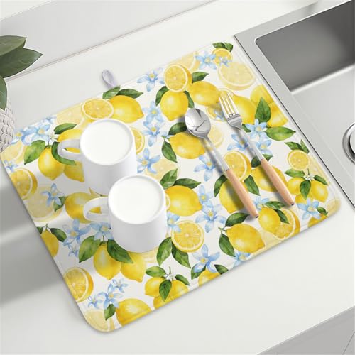 Lemon Dish Drying Mat 18x24 Inch Absorbent Reversible Summer Drying Mat Floral Lemon Fruits Dish Drying Rack Mat Yellow Summer Themed Dish Drainer Mat for Kitchen Counter Coffee Bar