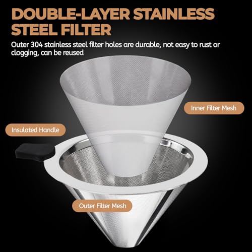 Pour Over Coffee Maker 400ml with 304 Stainless Steel Filter Wooden Collar Holder Borosilicate Glass Drip Coffeemaker Server Set Clear Hand Brew Dripper Carafe for Home Camping Travel 13.5oz