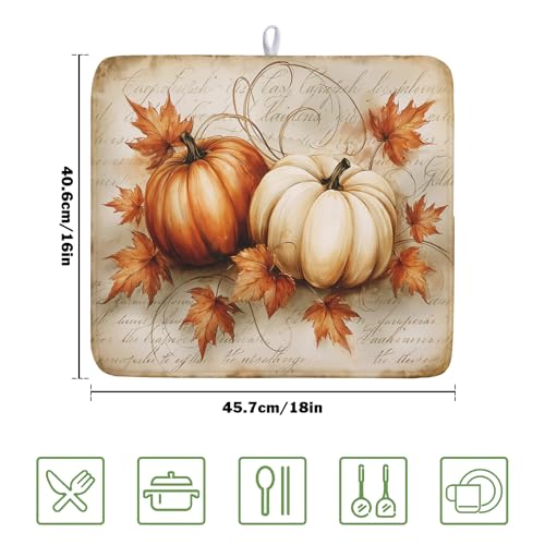 Fall Pumpkin Dish Drying Mat 16X18 Inch Vintage Autumn Drying Mat for Kitchen Counter Absorbent Maple Leaf Fall Thanksgiving Farmhouse Dishes Pad Drainer Mat Countertop Protector for Kitchen Fast Dry