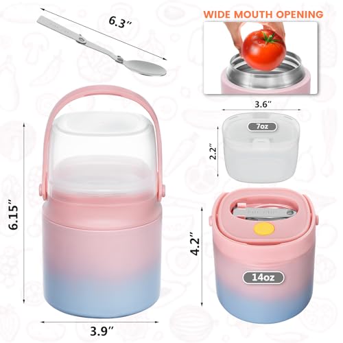 2 - in - 1 Soup Thermo for Hot Food 14oz with Snack Box Container Leak Proof Insulated Lunch Container Kids and Adults Stainless Steel Double Wall Vacuum Wide-mouth Thermal with Spoon and Handle