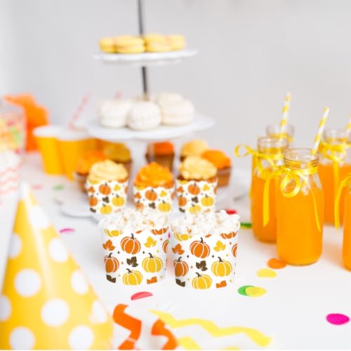 100Pcs Fall Paper Baking Cups Pumpkin Maple Leaf Cupcake Wrappers Orange Yellow Brown Scalloped Edge Cupcake Muffin Cases for Autumn Thanksgiving Dessert Decoration (100 Count)